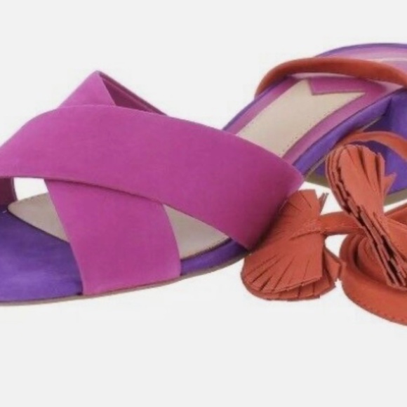 New- Brian Atwood Astor Retro Colorblock Lace Up Sandals Pink Suede Heels Size 6 - Picture 1 of 9